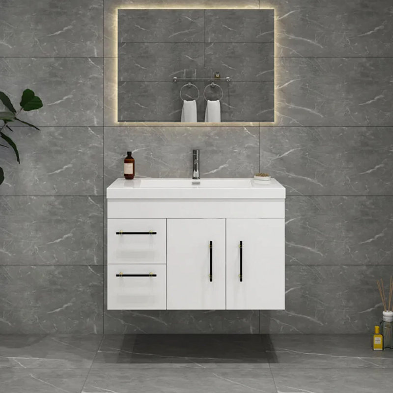 35.44'' Single Bathroom Vanity with Top, Glossy White