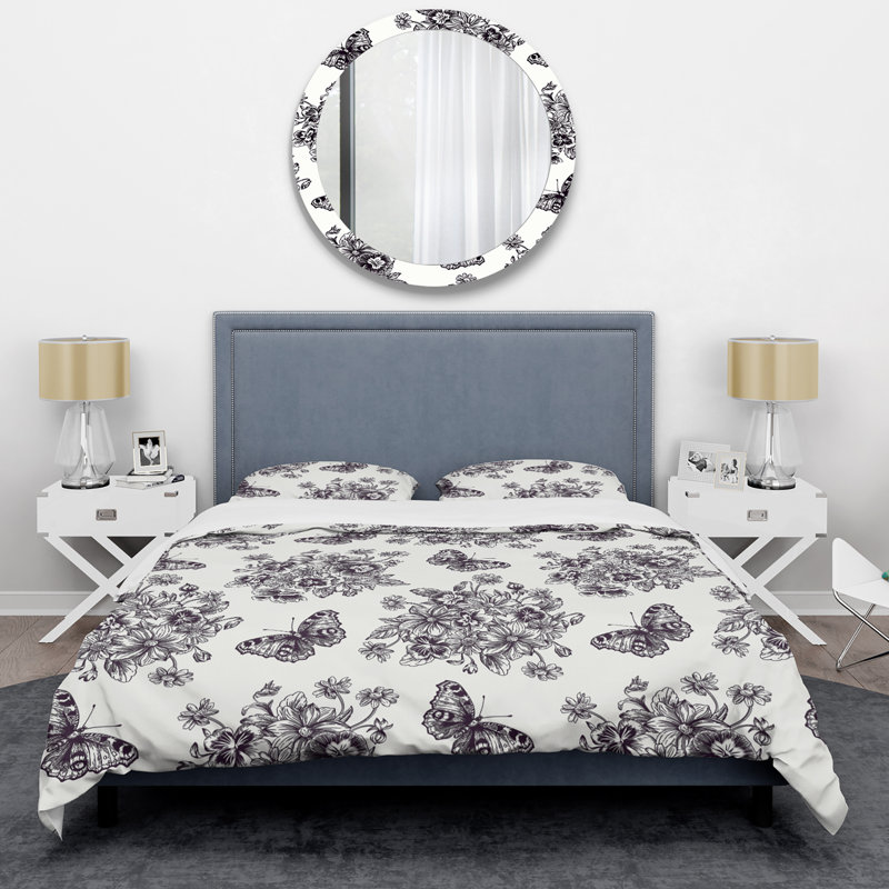 Fleurs et papillons II - Ensemble de housse de couette floral - Microfibre de polyester