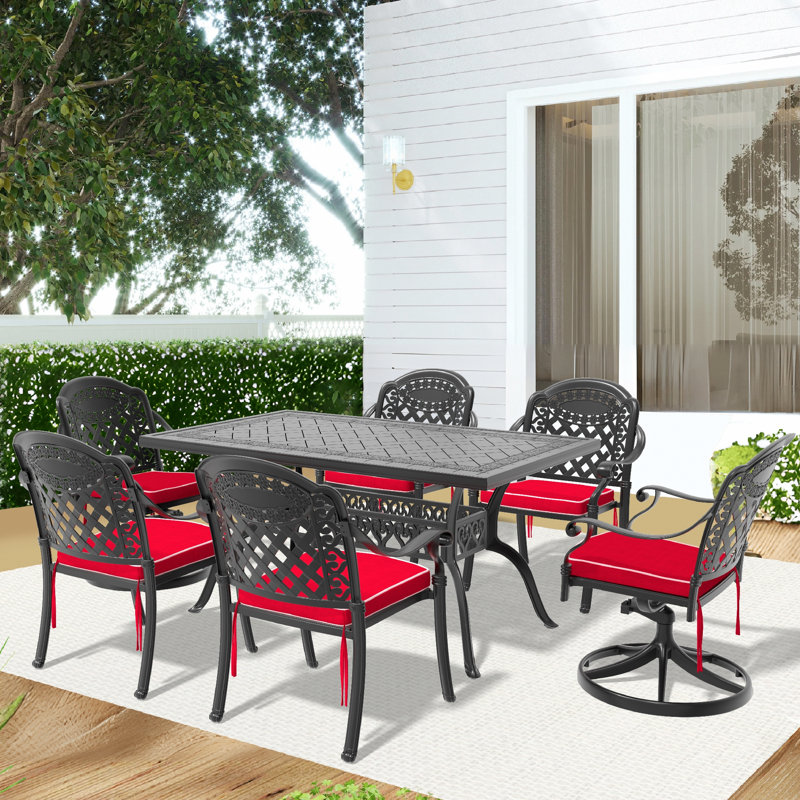 Ensemble de salle à manger 7 pièces en fonte d'aluminium toutes saisons comprenant 2 chaises pivotantes, 4 chaises et une table rectangulaire avec cadre noir