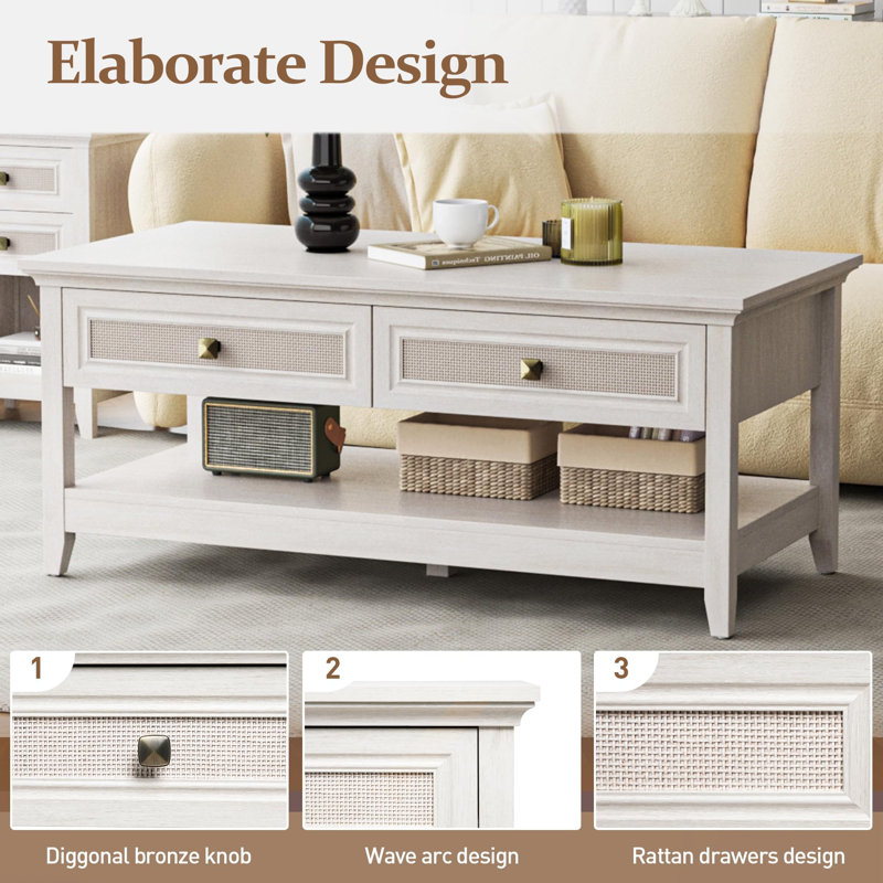 Coffee Table with Natural Rattan Decoration, Grayish White