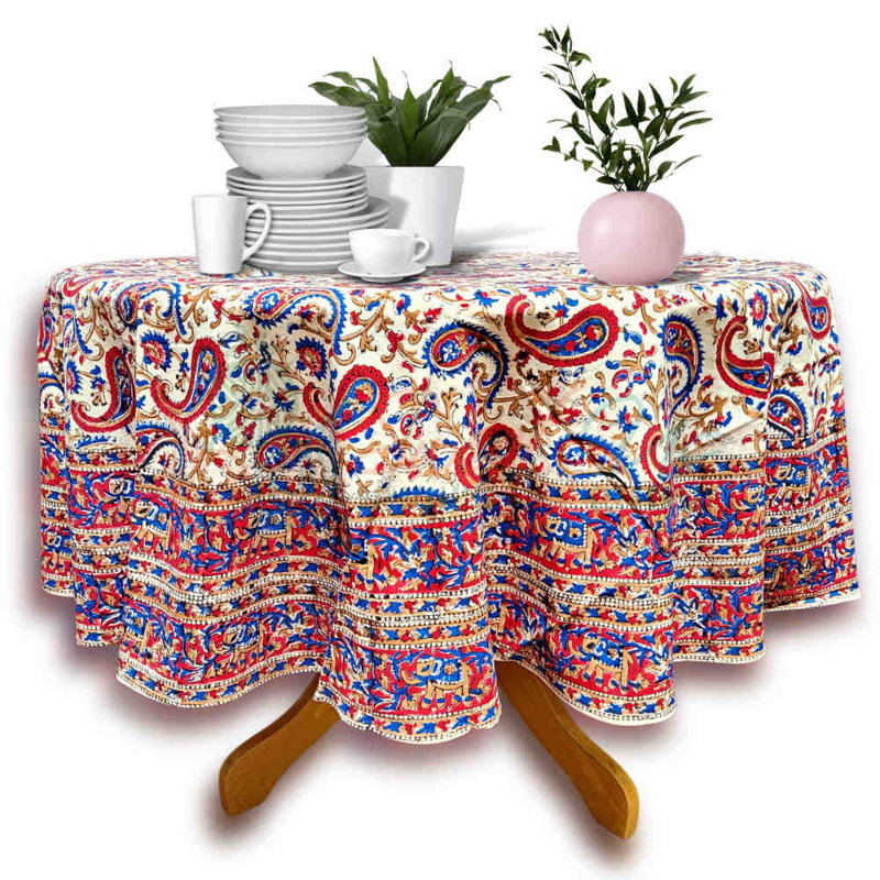 Block Print Floral Cotton Round Tablecloth, Red