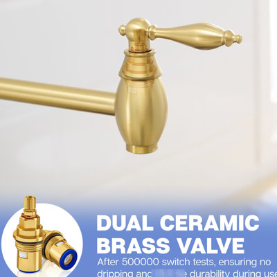 Wall Mount Commercial Pot Filler Faucet In Brushed Gold, Brass Folding Kitchen With 360 Rotation Double Joint Swing Arms, Cold Or Hot Water Function Gold Mounted Faucet, Stretchable Two Ceramic