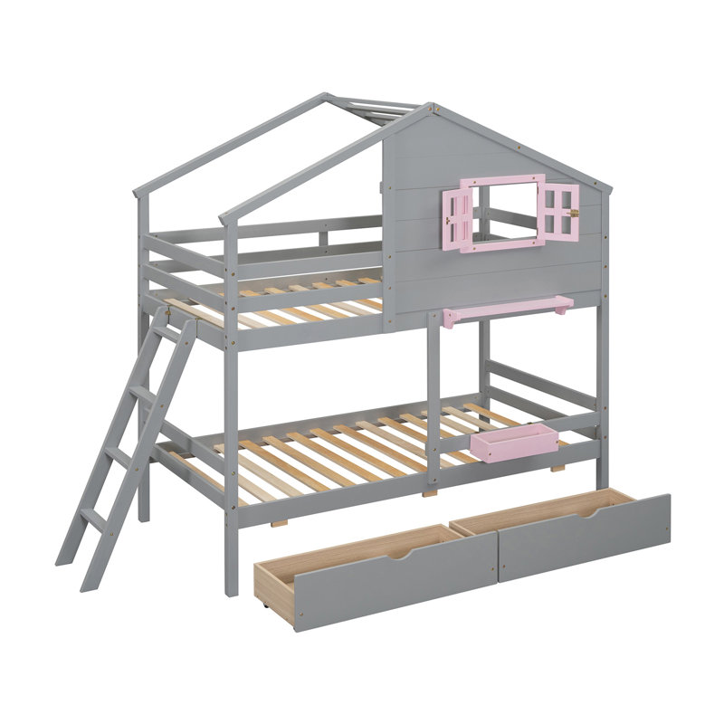 Lit superposé simple au-dessus de simple avec 2 tiroirs, 1 boîte de rangement, 1 tablette, fenêtre et toit gris