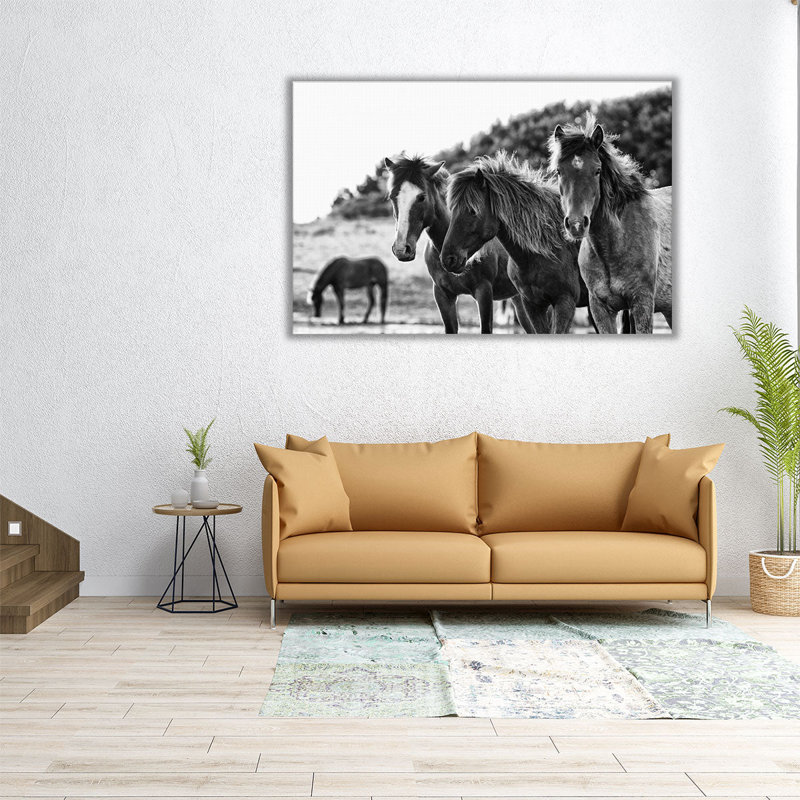 «Horses Three Black and White», reproduction d'art sur toile, H 20 po x l 30 po