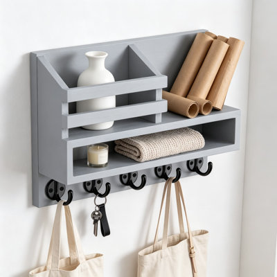 Porte-clés mural et porte-clés, porte-clés avec tablette de rangement et 5 crochets pour vestibule, manteau, laisse pour chien, organisateur de décor de maison de campagne