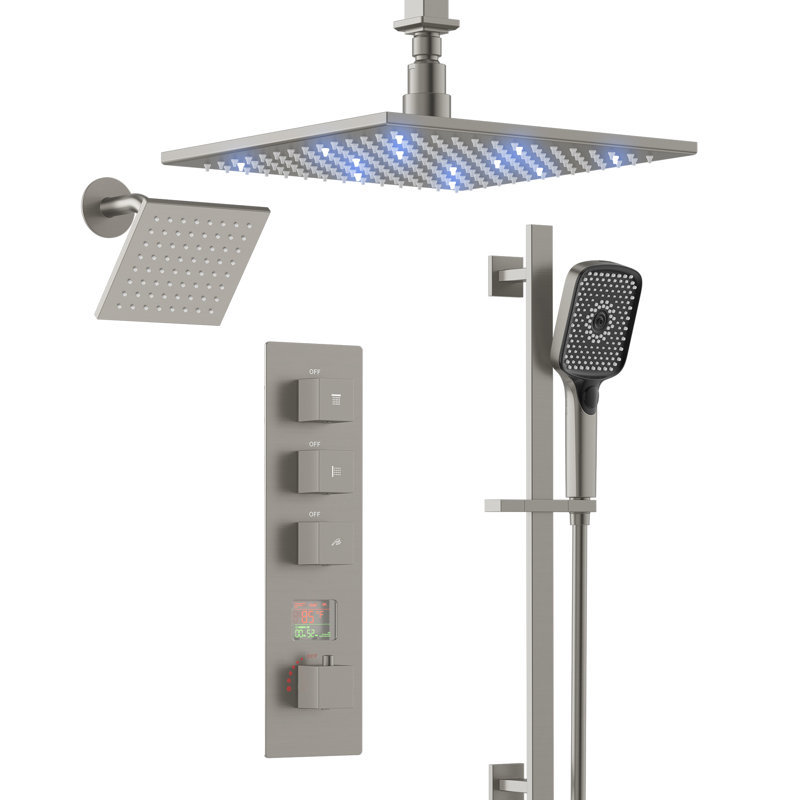 Thermostatic Digital Dual Shower System Set, 12" LED Rainfall Shower Head with 4-Function Hand Shower, Brushed Nickel