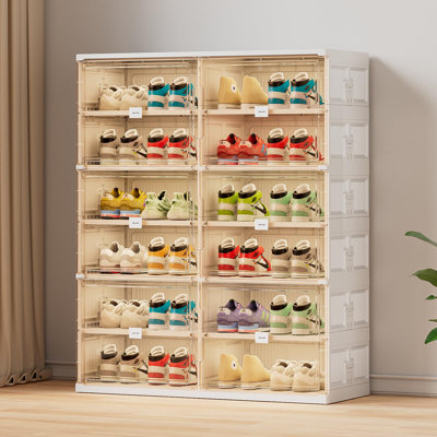  Modern Double Column 6-Tier Foldable Shoe Cabinet With Magnetic Doors, White Storage Organizer For Entryway Or Closet