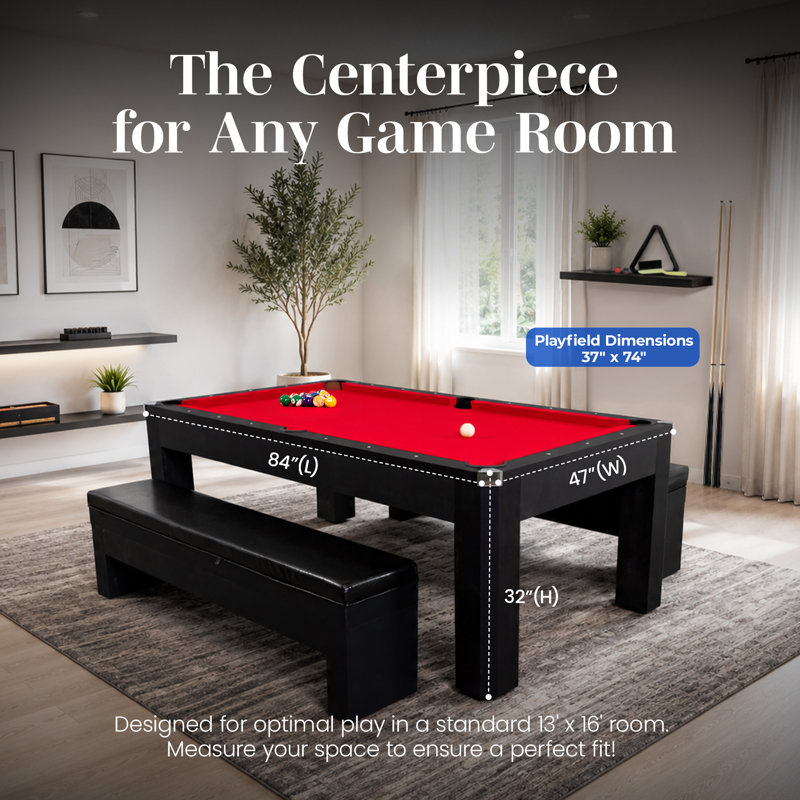 Hathaway Park Avenue 7 Foot Pool Table Combo – 3 in 1 Game Table with Reversible Ping Pong & Dining Top – Includes Game Accessories & Two Benches – Chrome-Plated Corners, Black Finish, Red Felt