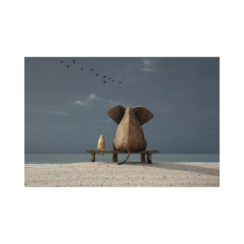 Elephant And Dog Sit On A Beach by Mike Kiev - Wrapped Canvas Print, 20.32 cm H x 30.48 cm W x 1.91 cm D