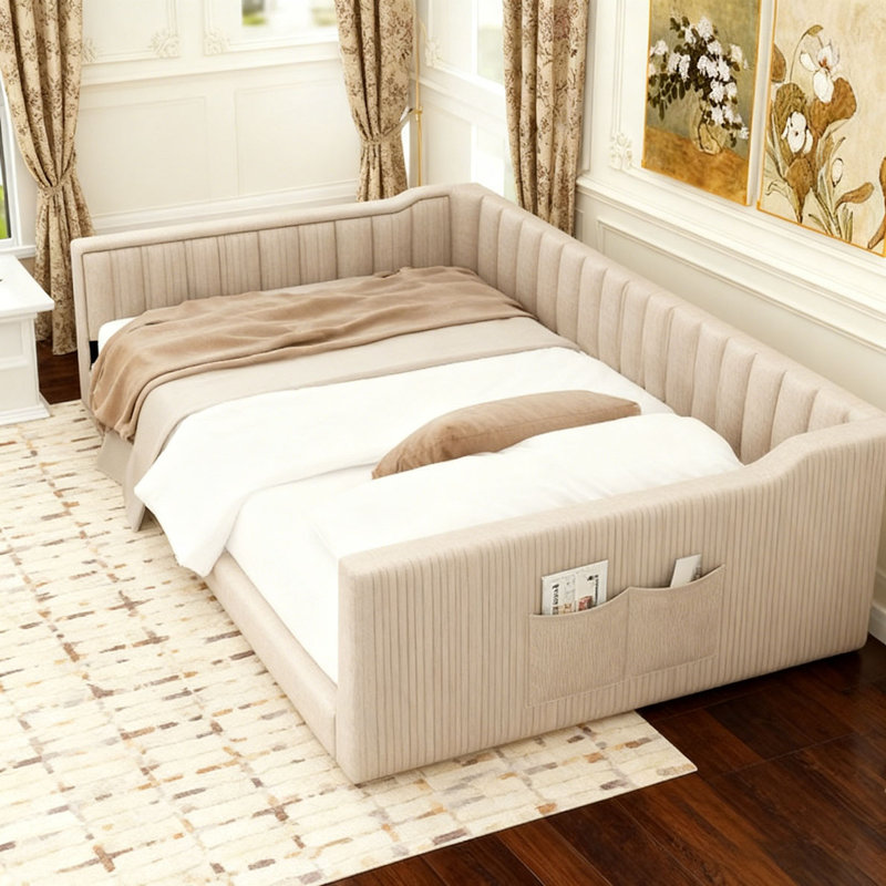 Upholstery Daybed and Side Storage pocket, Beige, Extra-Long Twin