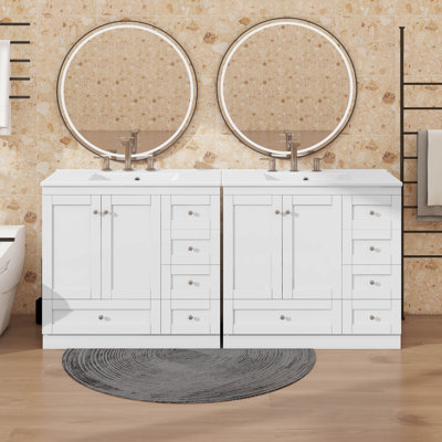 Meuble-lavabo autoportant de 72 po de style Shaker avec lavabo en céramique, tiroirs à fermeture en douceur et portes à fermeture en douceur