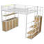Lit mezzanine double en métal avec escalier de rangement et garde-robe, tablettes et casiers, blanc