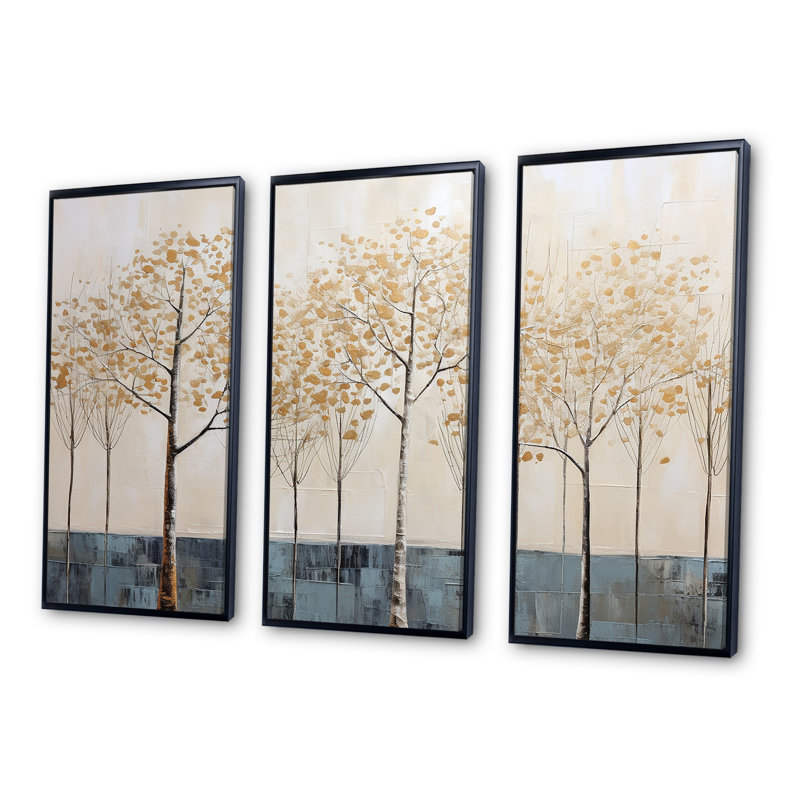 Minimalisme or et bleu arbres scène I - ensemble de décoration murale arbre, Cadre flottant noir, H 32 po x l 48 po x P 1 po