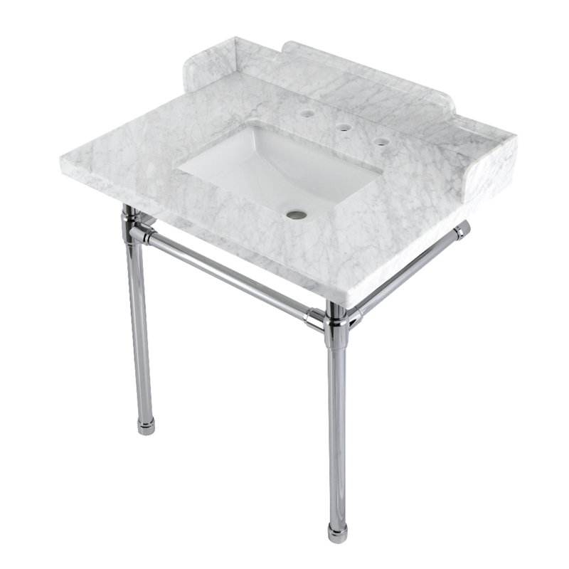 Kingston Brass Wesselman 30-Inch Carrara Marble Console Sink with Stainless Steel Legs (8-Inch, 3-Hole)