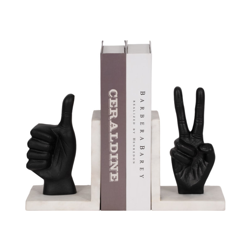 Modern Metal and Marble Hand Gesture Bookends, Decorative Stone and Aluminum Display Accents, Set of 2, Black