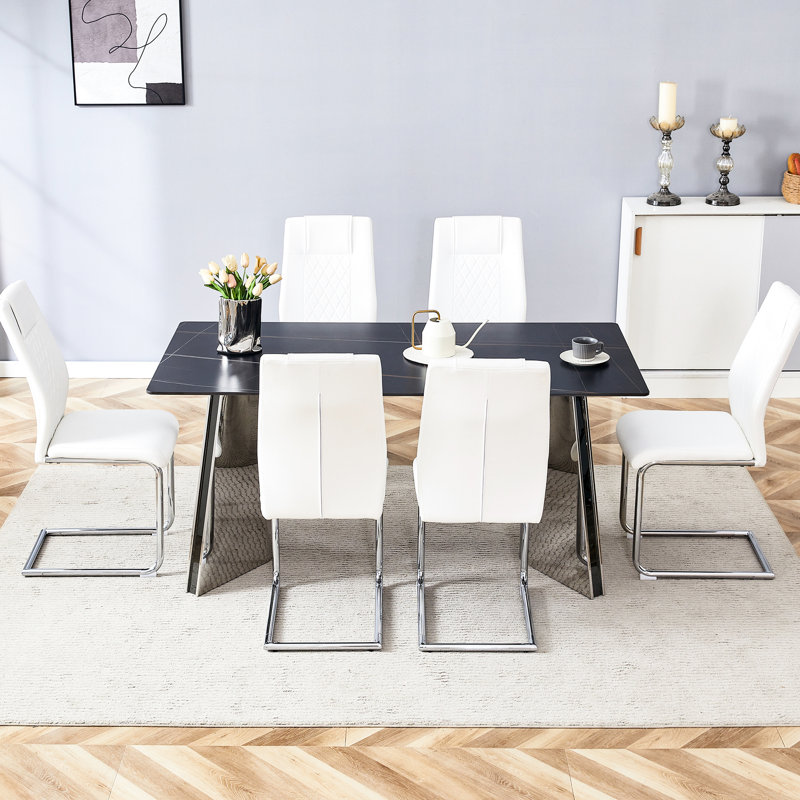 6 tables de salle à manger avec table en marbre noir et 6 chaises en polyuréthane blanc de style moderne