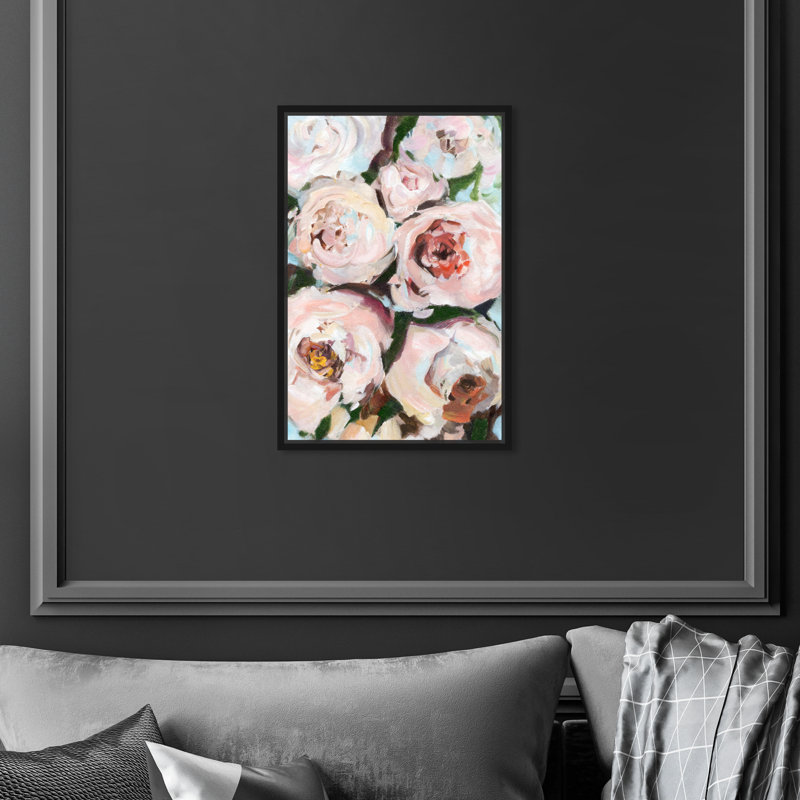 Belles pivoines, fleurs abstraites, rose moderne - Peinture, H 15 po x l 10 po x P 1,75 po, Cadre flottant en bois noir