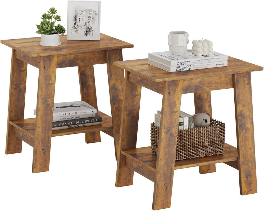 Side Table, Set of 2 Small Wooden End Table with 2-Layer Storage Shelves, Farmhouse Nightstand for Living Room, Bedroom, Office, Bathroom