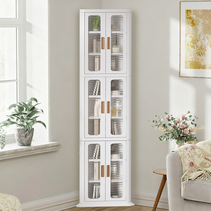 64'' Tall Corner Storage Cabinet with Doors & Shelves, White Bathroom Organizer, Kitchen Pantry, Living Room Display Cabinet, White Bookcase