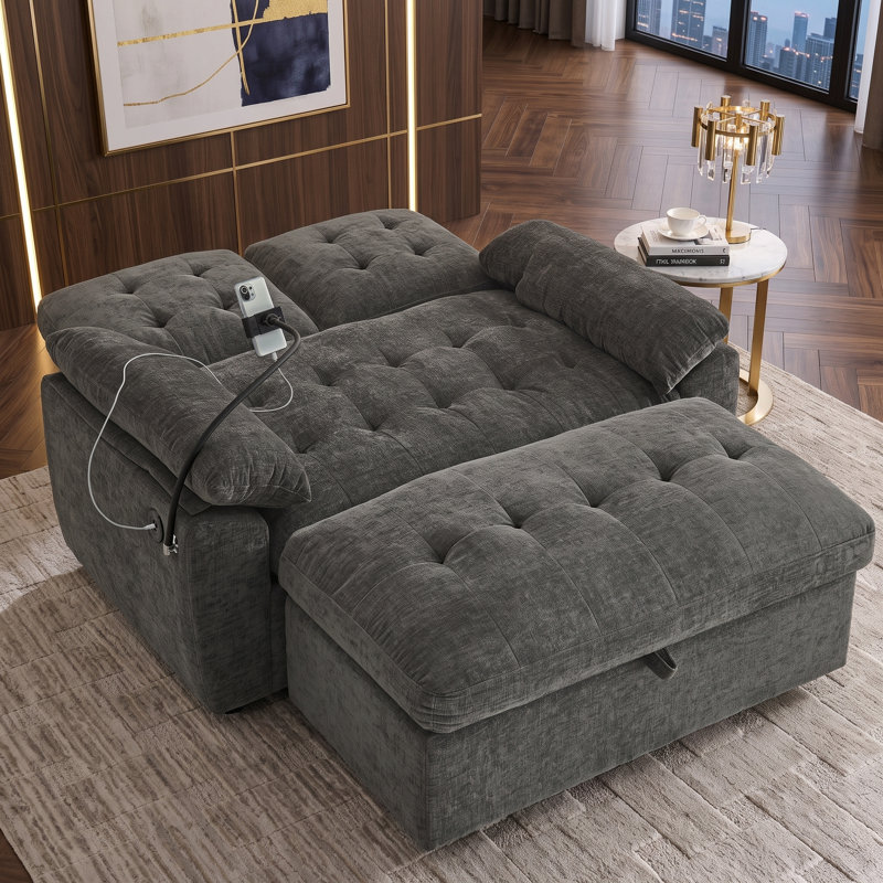 Causeuse inclinable manuelle de 56 po de large avec repose-pieds avec rangement et USB intégré, Grey