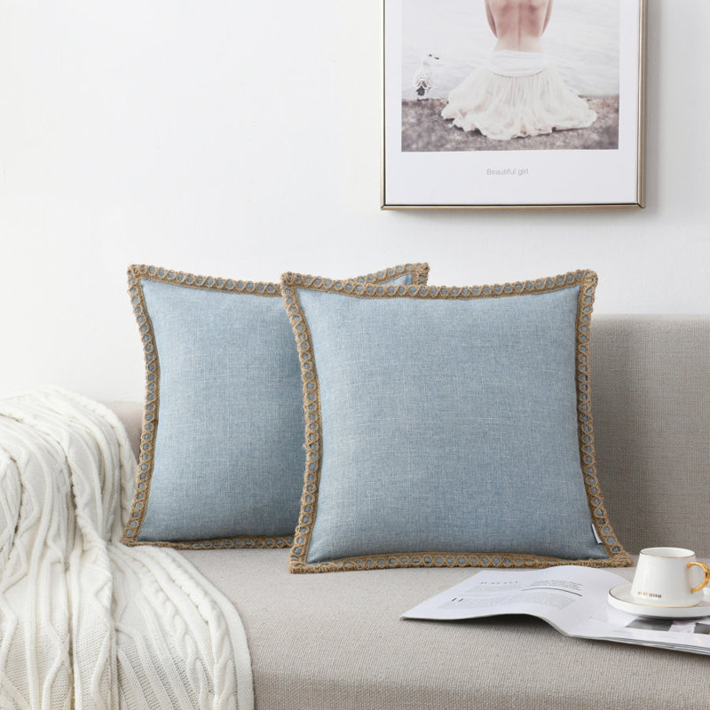 Farmhouse Trimmed Burlap Linen Polyester Pillow Cover, Light Blue, 18"H x 18"W, Square