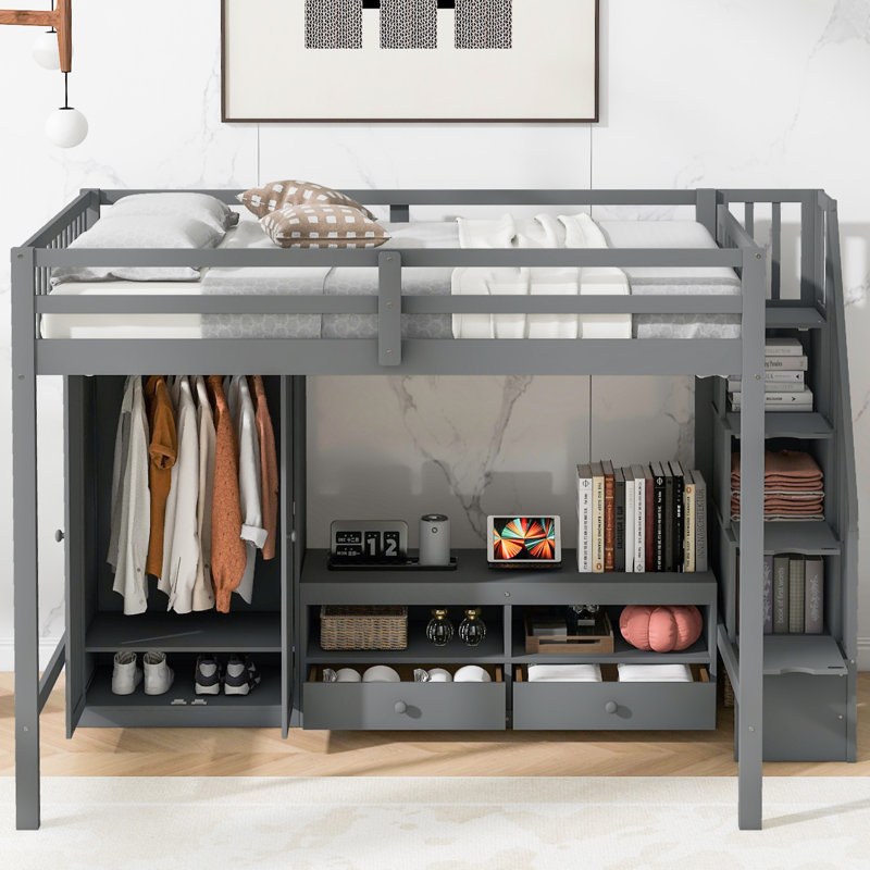 Loft Bed Frame With Wardrobe, Gray