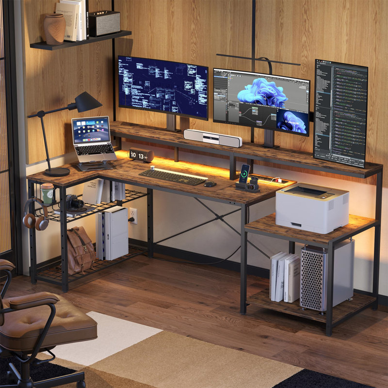181CM L-Shaped Corner Table With Power Socket LED Light, Gaming Table With Long Monitor Stand, Large Computer Table, Brown