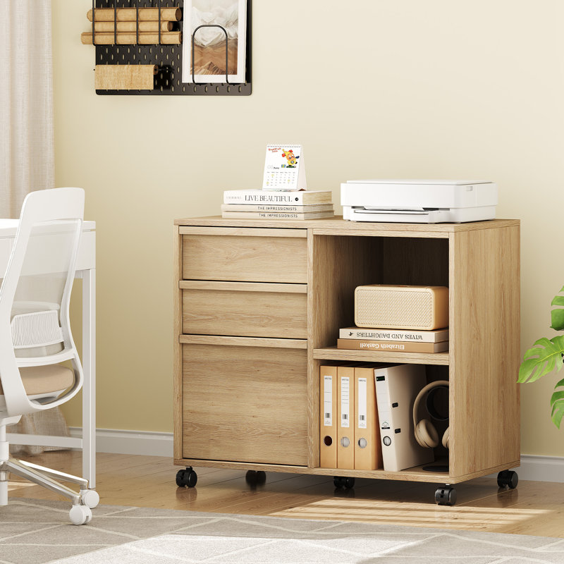 Spacious 3-Drawer Lateral File Cabinet for Dining Room – Wooden Rolling Storage with Open Shelf – Mobile Printer Stand – Brown-Red, 3 Drawers with Shelf