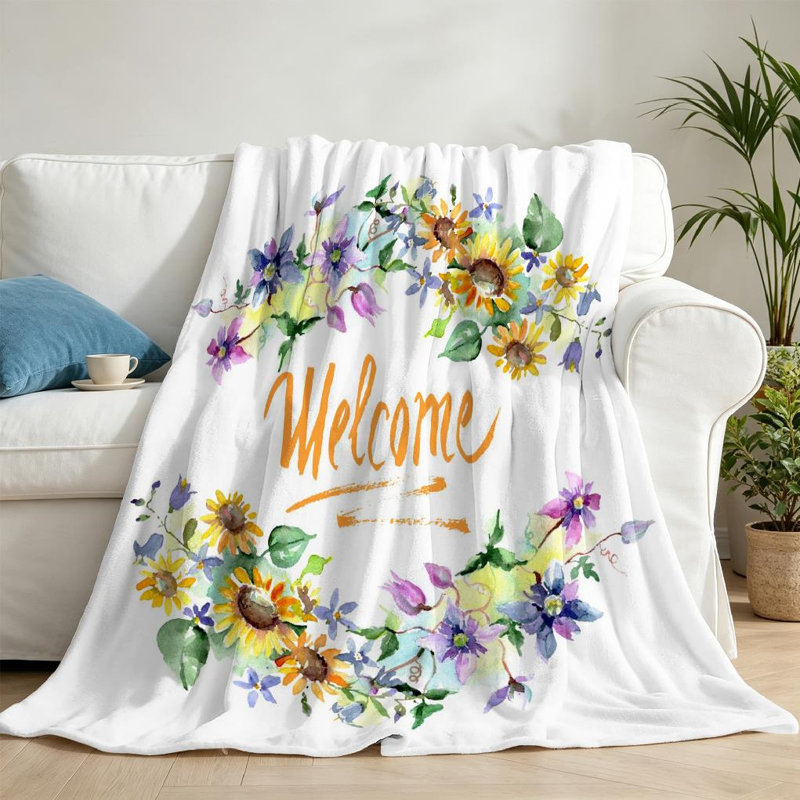 Jeté en flanelle transparente, molletonné et flocons de coton avec imprimé de tournesols, Throw 50" x 60"