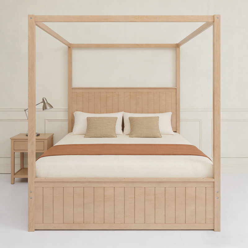 Modern Canopy Platform Bed With Trundle And Three Storage Drawers,4-Post Solid Wood Bed Frame With Headboard, Natural