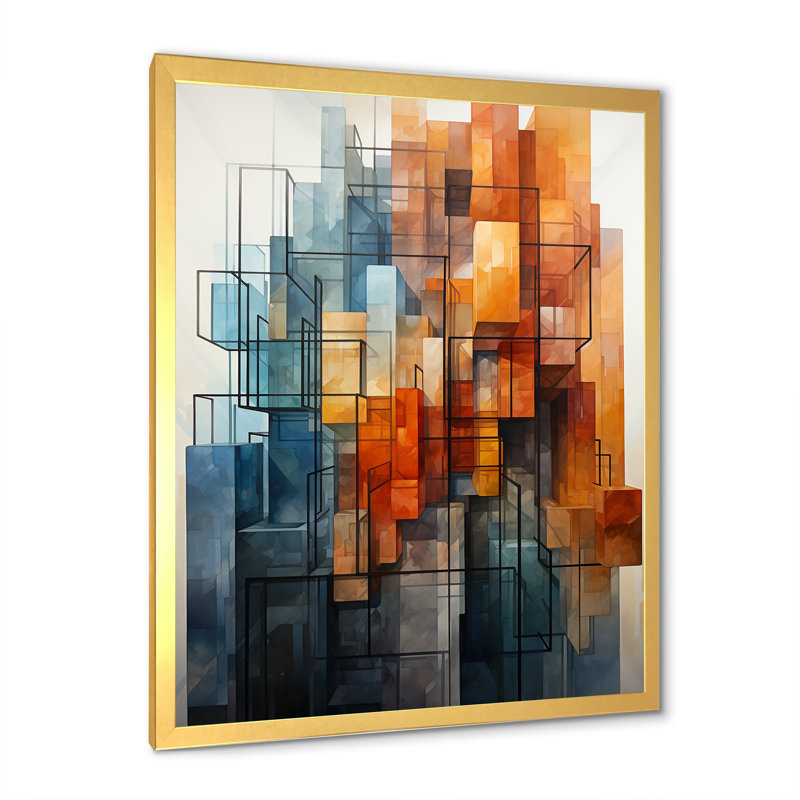 Abstrait, paysage urbain, gratte-ciel, formes abstraites, art mural, Encadrement doré, H 32 po x l 16 po x P 1 po
