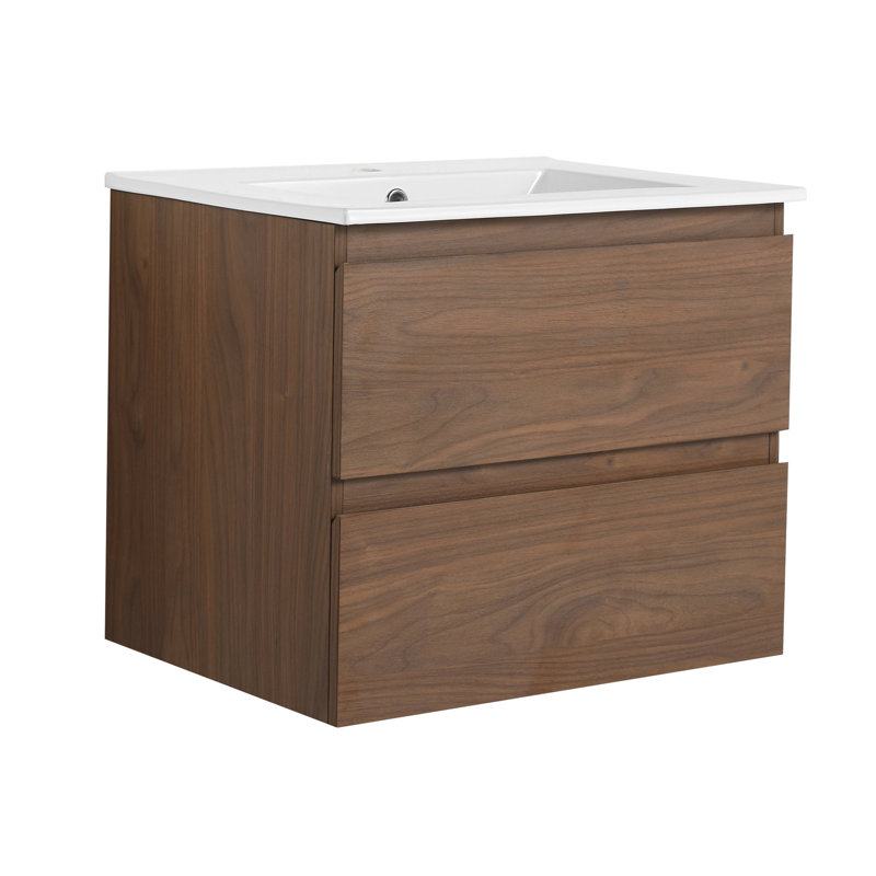 Armoire de salle de bain 24 po avec lavabo en céramique et 2 tiroirs à fermeture en douceur. Fixation murale, fermeture en douceur. Style contemporain, construction