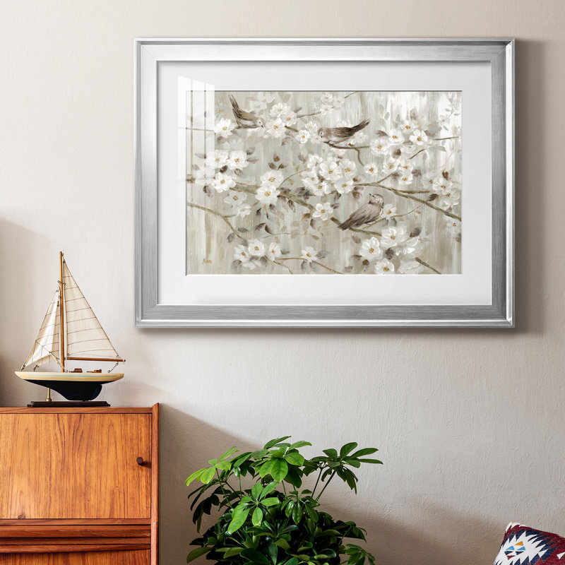 Neutre oiseaux printaniers - peinture encadrée, H 18,5 po x l 24,5 po x P 1,5 po, Cadre argenté
