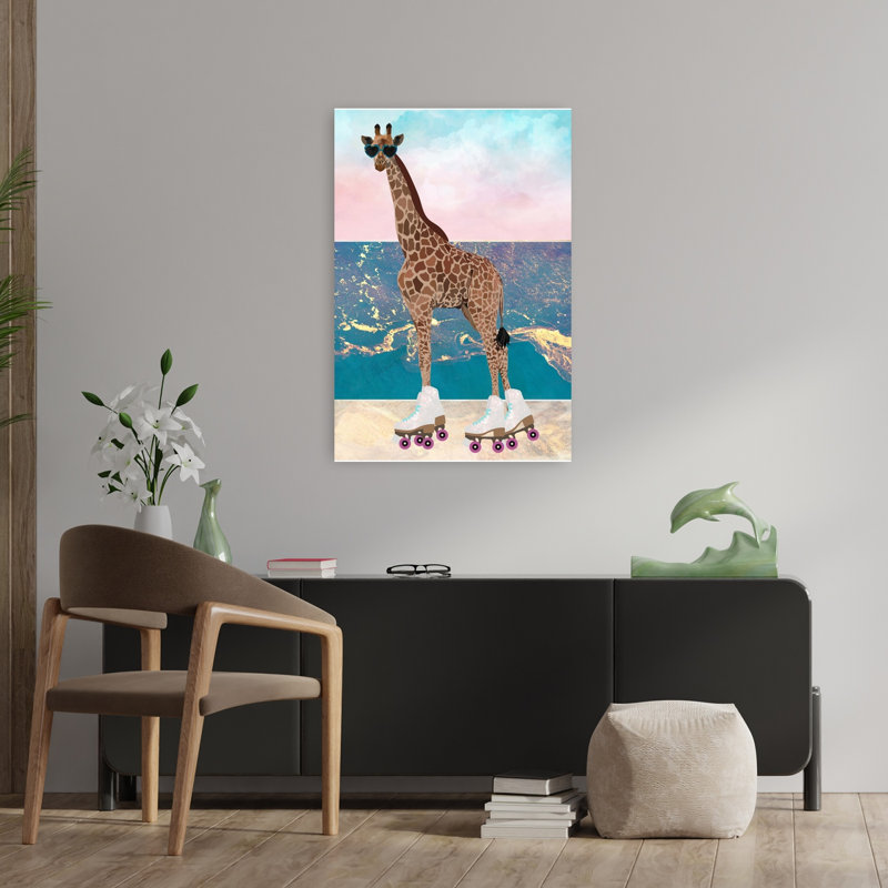 «Cool Giraffe Roller Skates Playful Retro Whimsical Giraffe Beach Ocean», reproduction d'art, H 36 po x l 24 po