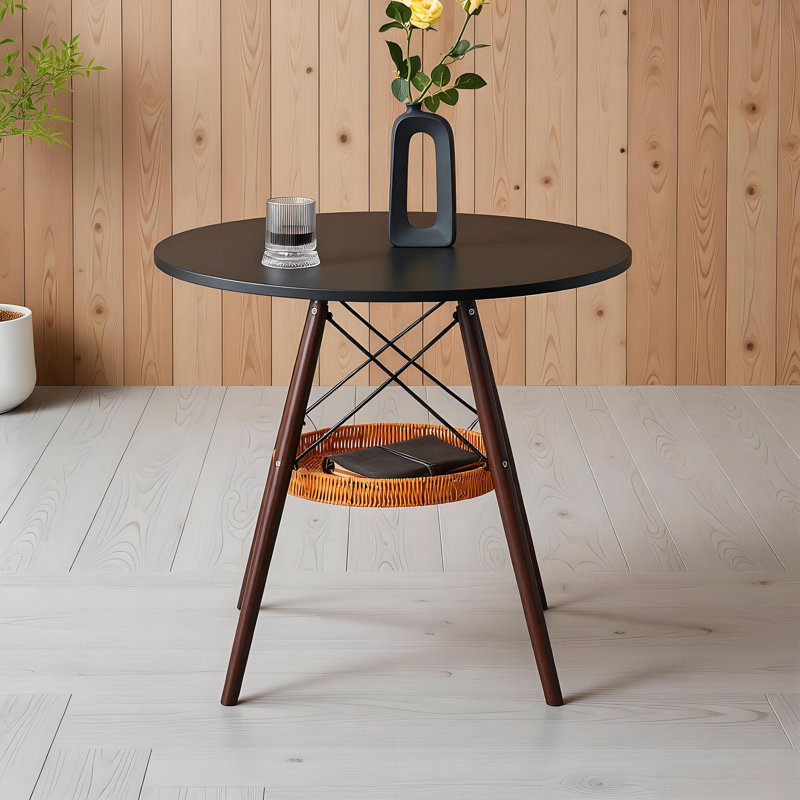Dining Table de salle à manger ronde de style moderne Mid-Century avec 4 pieds en bois de noyer, plateau de table noir et plateau de rangement tissé