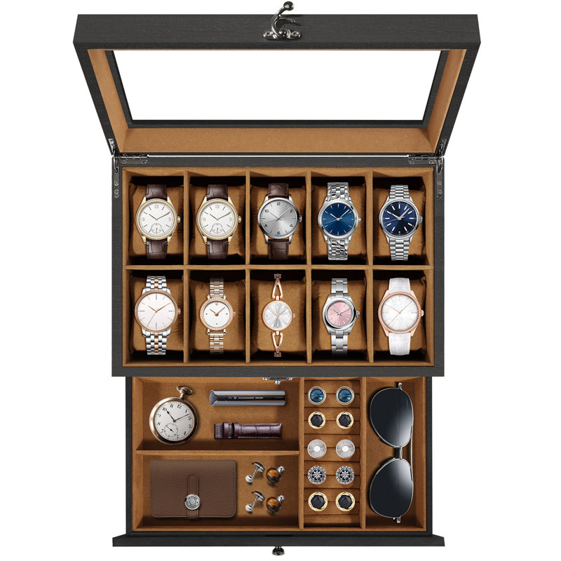 Boîte à montre en bois à 10 fentes, Noir / brun