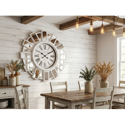 Westminster Clocks 30 Inch Oversized Mirror Detail Wall Clock, Farmhouse Decor, Roman Numerals, Precision Quartz, Large Statement Clock for Living Room, White