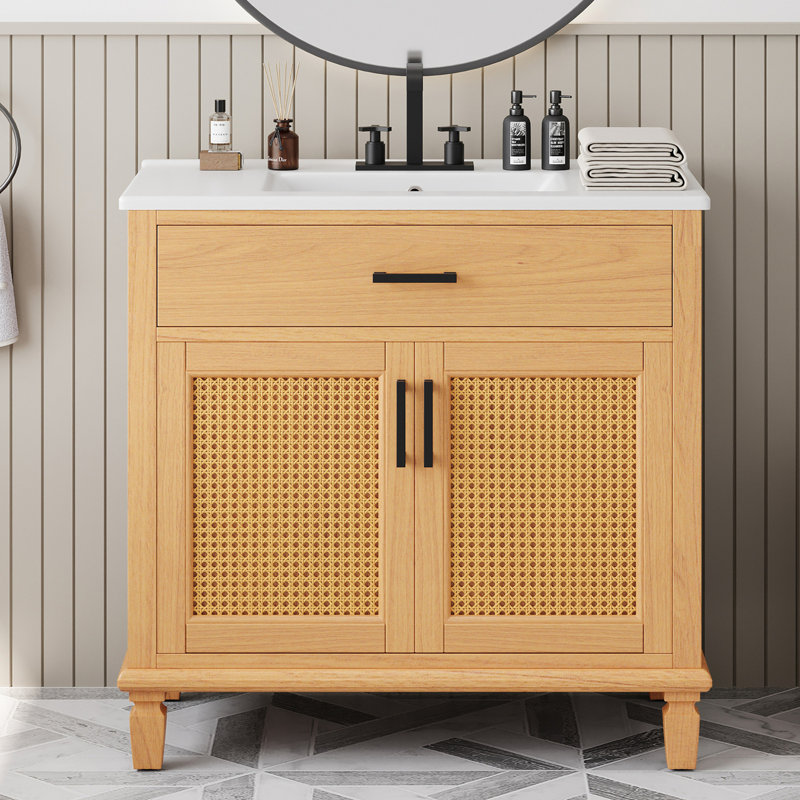 Meuble-lavabo en rotin avec lavabo en céramique, Naturel