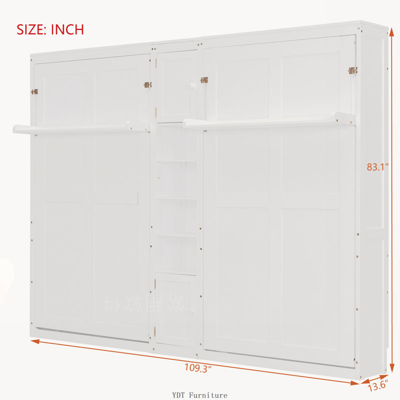Lits simples escamotables doubles avec armoires et tablettes | Blanc
