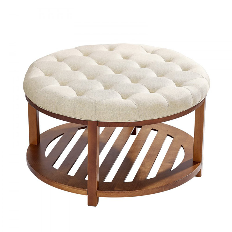 Grande table basse ronde avec repose-pieds, table basse capitonnée de 31,9 pouces avec rangement en bois massif, repose-pieds rembourré en lin massif pour le salon de la chambre à coucher, 350 lb, couleur lin