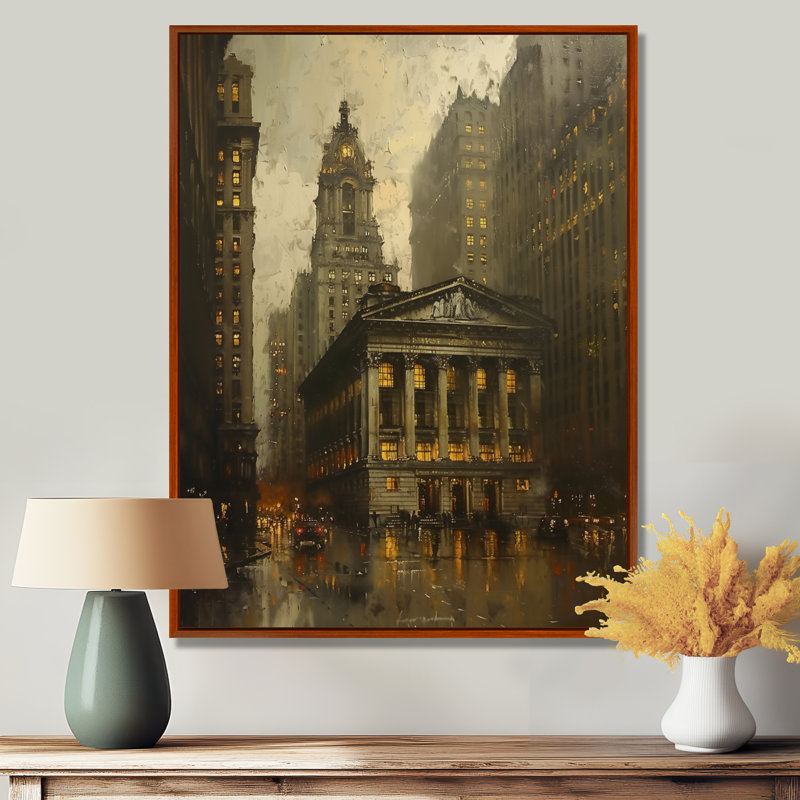 «Yellow Winter Banks Heritage In New York» - décoration murale Banks, Toile avec cadre flottant brun