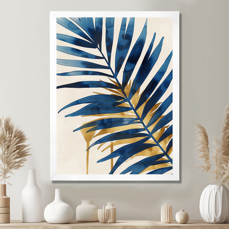 «Blue and Gold Palm Tree Leaves I» - impression d'art mural palmiers et palmiers, Encadrement argenté, H 32 po x l 24 po