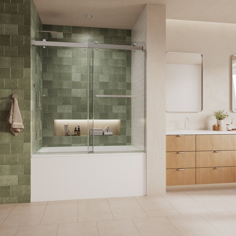 56" - 60" W x 65” H Frameless Double Sliding Tub Glass Shower Doors |3/8" Thickened Clear Tempered Glass | Leak-Proof Precision | Durable Stainless-Steel Hardware | Easy Clean Glass