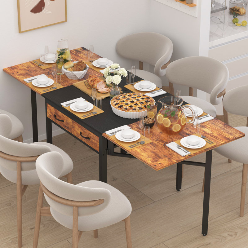 78.74" W Drop Leaf Dining Table For 2-8 People, Extendable Kitchen Dining Table With 4 Fabric Drawers