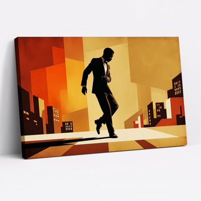 Silhouette d'un homme en complet marchant dans une ville rétro - Toile murale