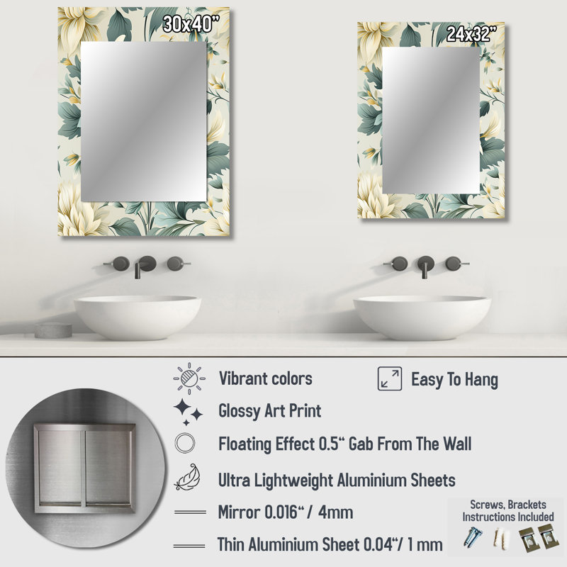 Motif victorien contemporain Shadarian motif victorien - miroir mural décoratif floral, miroir floral, art imprimé en métal
