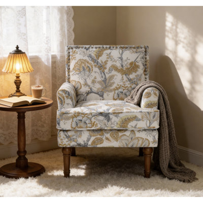 Fauteuil de chambre rembourré, fauteuil floral, fauteuil d'appoint avec décor doré et gris, pieds en bois naturel avec garniture cloutée, siège en mousse haute résilience, côté au design contemporain jaune terreux