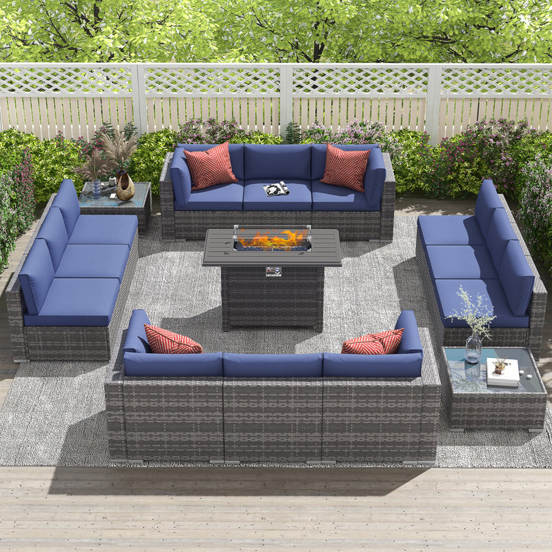 12 - Person Outdoor Seating Group With Fire Pit, Gray Frame/Blue Cushion