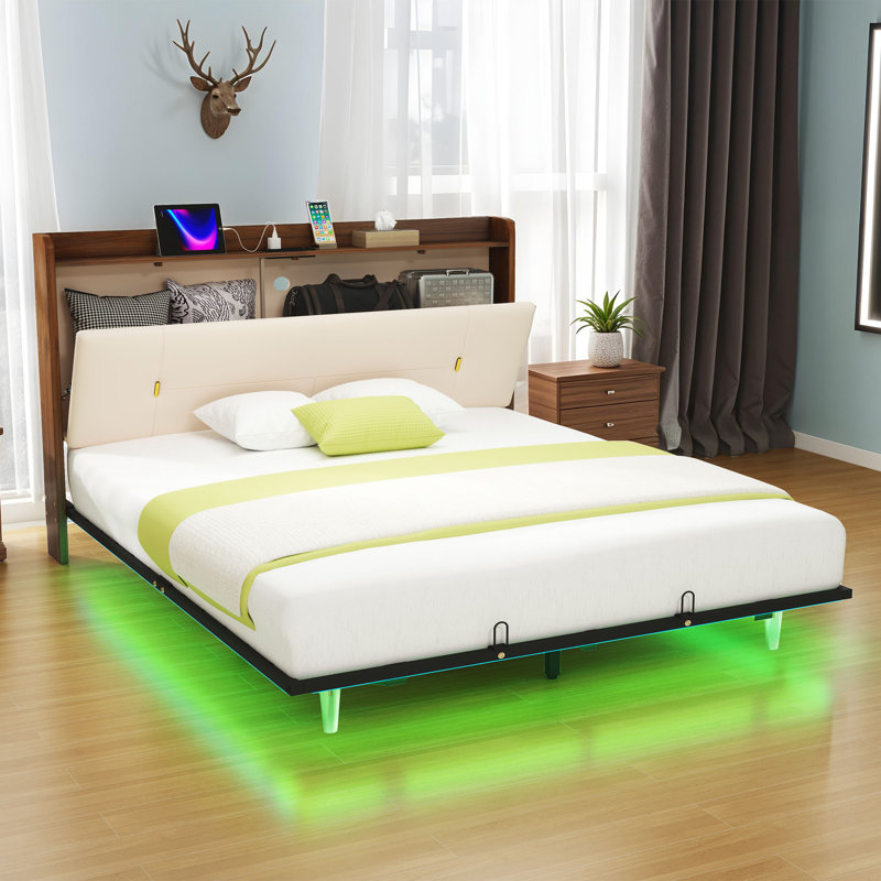 Upholstered Platform Storage Bed with LED Lights, Queen, Beige
