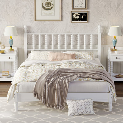 Lit plateforme grand en bois avec tête de lit gourde, style rétro, support en lattes de bois, aucun sommier requis, blanc